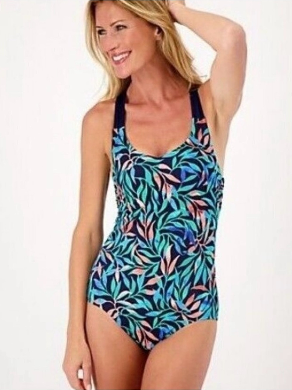 Lands' End Navy One-Piece Swimsuit with Teal & Coral Accents size 14 NWT